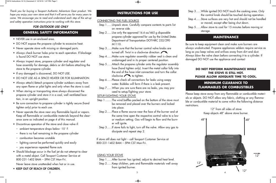 Texsport 14214 Compact Dual Burner Stove User Manual | 2 pages