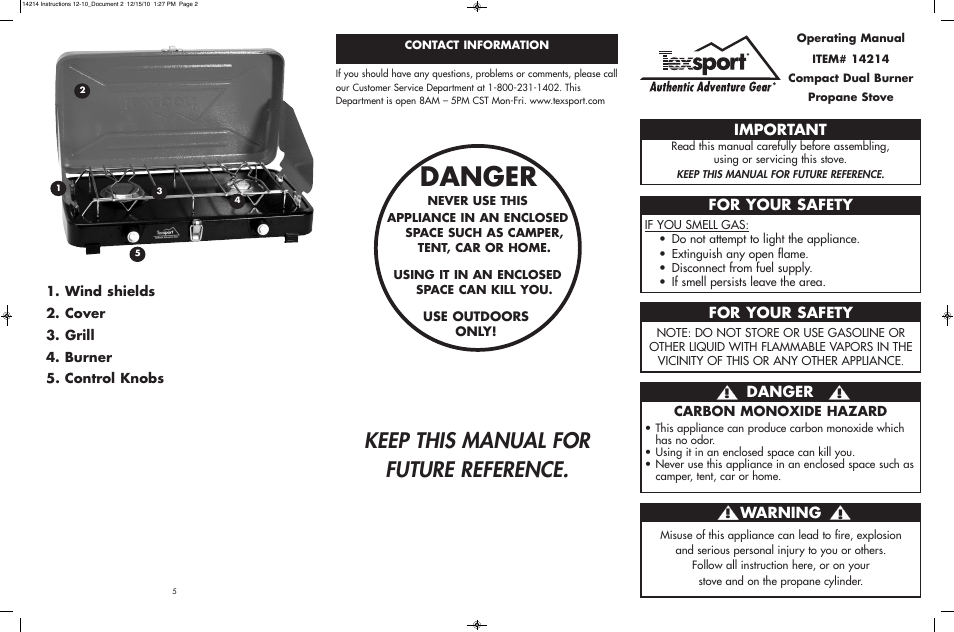 Danger, Keep this manual for future reference, Important | For your safety, Warning | Texsport 14214 Compact Dual Burner Stove User Manual | Page 2 / 2