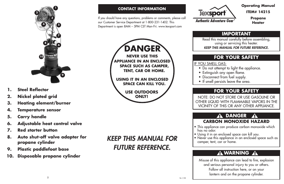 Danger, Keep this manual for future reference, Important | For your safety, Warning | Texsport 14215 Propane Heater User Manual | Page 2 / 2