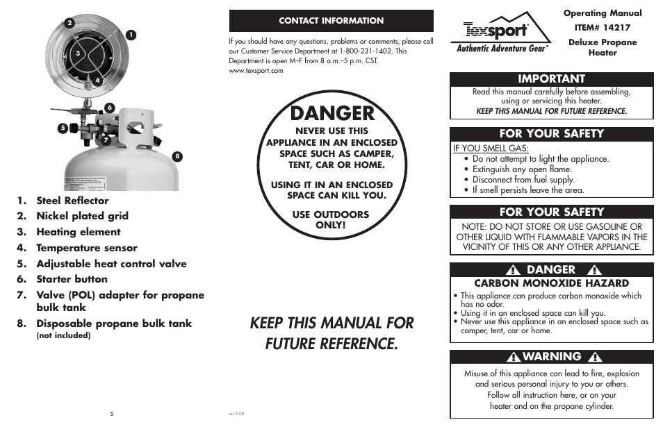 Danger, Keep this manual for future reference, Important | For your safety, Warning | Texsport 14217 Deluxe Propane Heater User Manual | Page 2 / 2