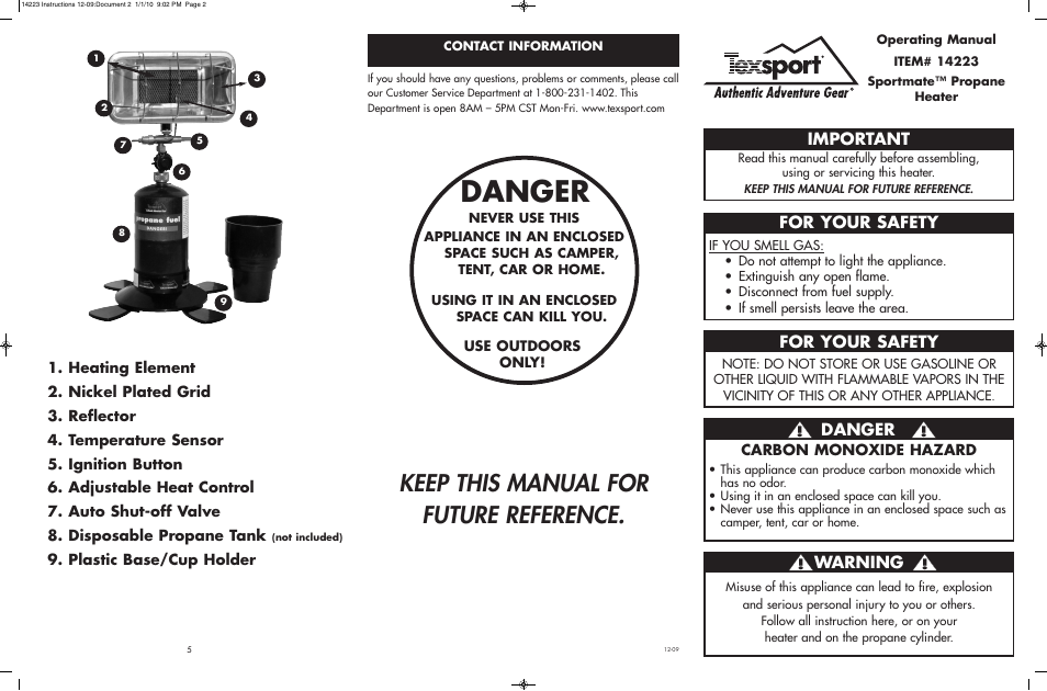 Danger, Keep this manual for future reference, Important | For your safety, Warning, Plastic base/cup holder, Carbon monoxide hazard | Texsport 14223 Sportmat Propane Heater User Manual | Page 2 / 2