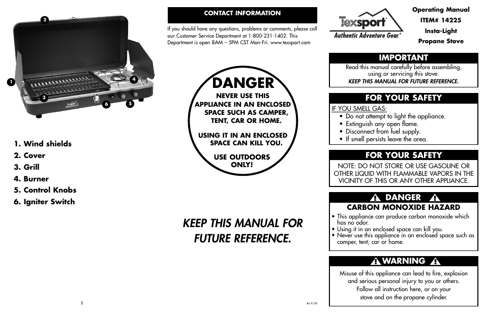 Danger, Keep this manual for future reference, Important | For your safety, Warning | Texsport 14225 Insta-Lite Propane Stove/Grill User Manual | Page 2 / 2