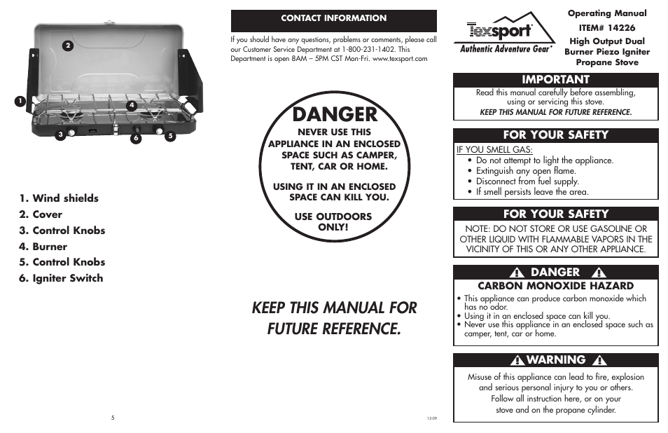 Danger, Keep this manual for future reference, Important | For your safety, Warning | Texsport 14226 High Output Dual Burner Piezo Igniter Propane Stove User Manual | Page 2 / 2