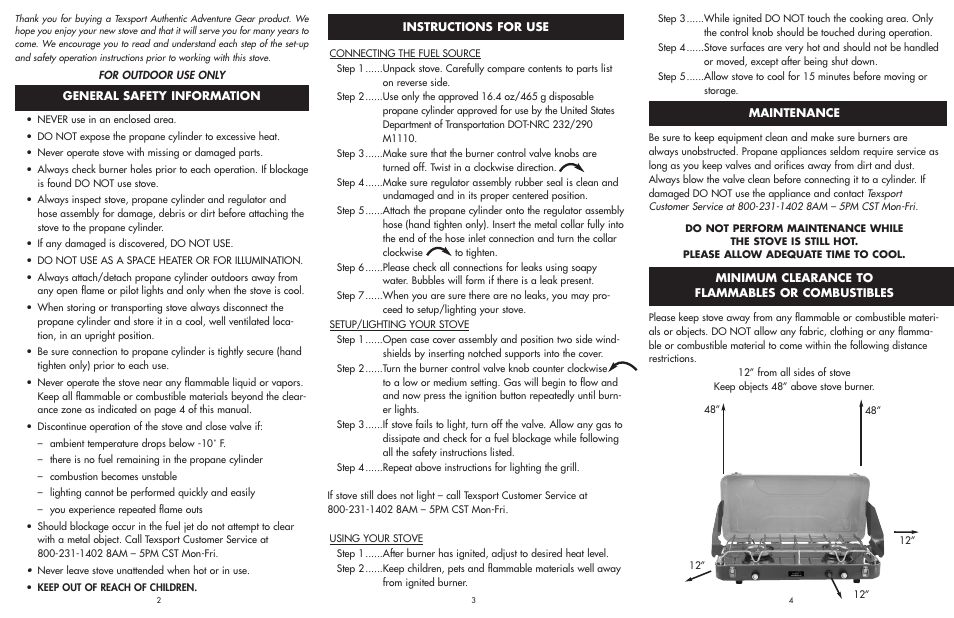 Texsport 14227 Super High Output Dual Burner Piezo Igniter Propane Stove User Manual | 2 pages