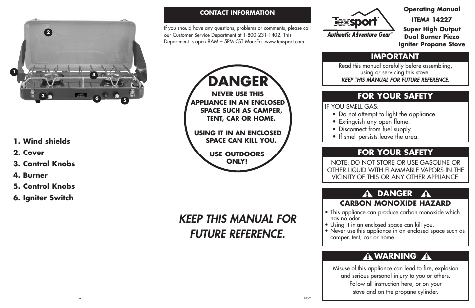 Danger, Keep this manual for future reference, Important | For your safety, Warning | Texsport 14227 Super High Output Dual Burner Piezo Igniter Propane Stove User Manual | Page 2 / 2