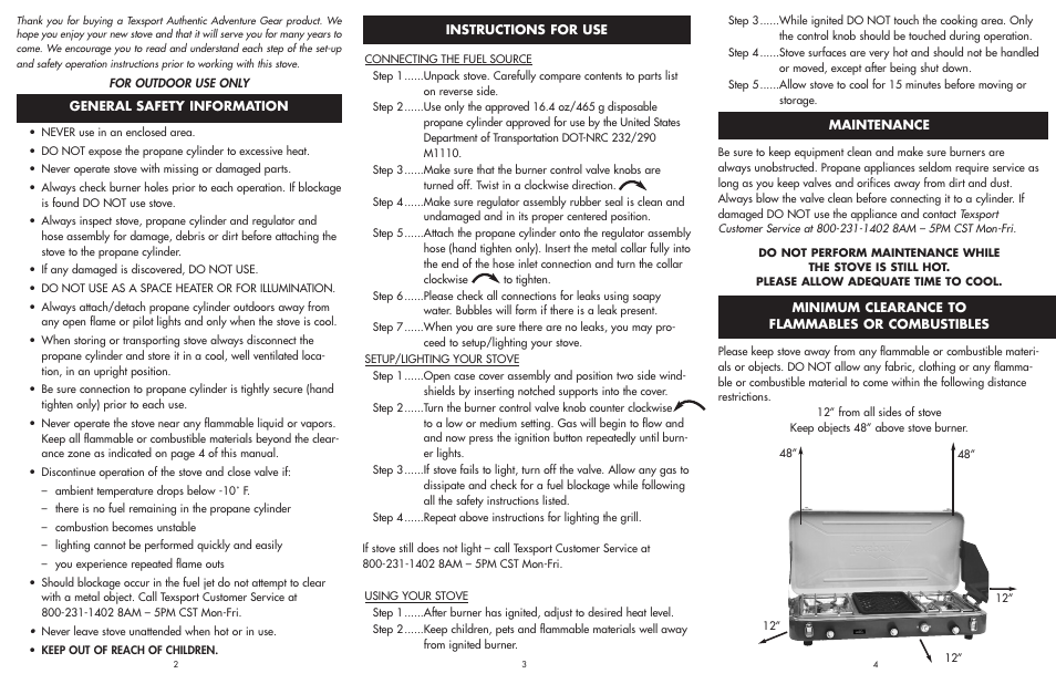Texsport 14228 High Output Dual Burner Piezo Igniter Propane Stove/Grill User Manual | 2 pages