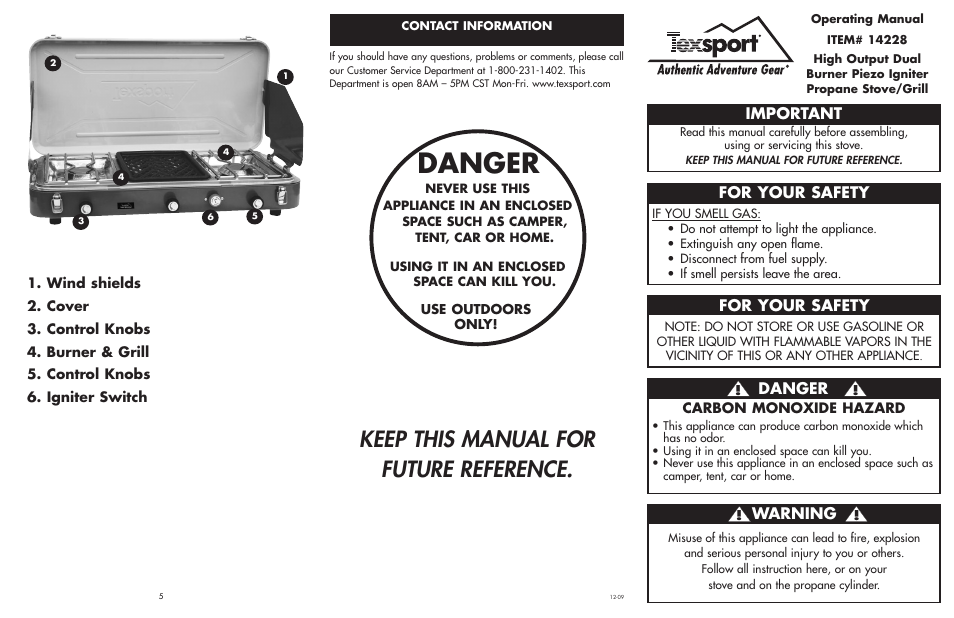 Danger, Keep this manual for future reference, Important | For your safety, Warning | Texsport 14228 High Output Dual Burner Piezo Igniter Propane Stove/Grill User Manual | Page 2 / 2