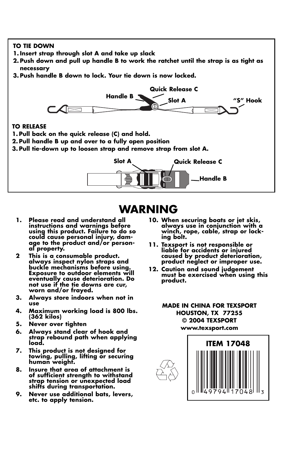 Texsport 17048 Adjustable Ratchet Tie User Manual | 1 page