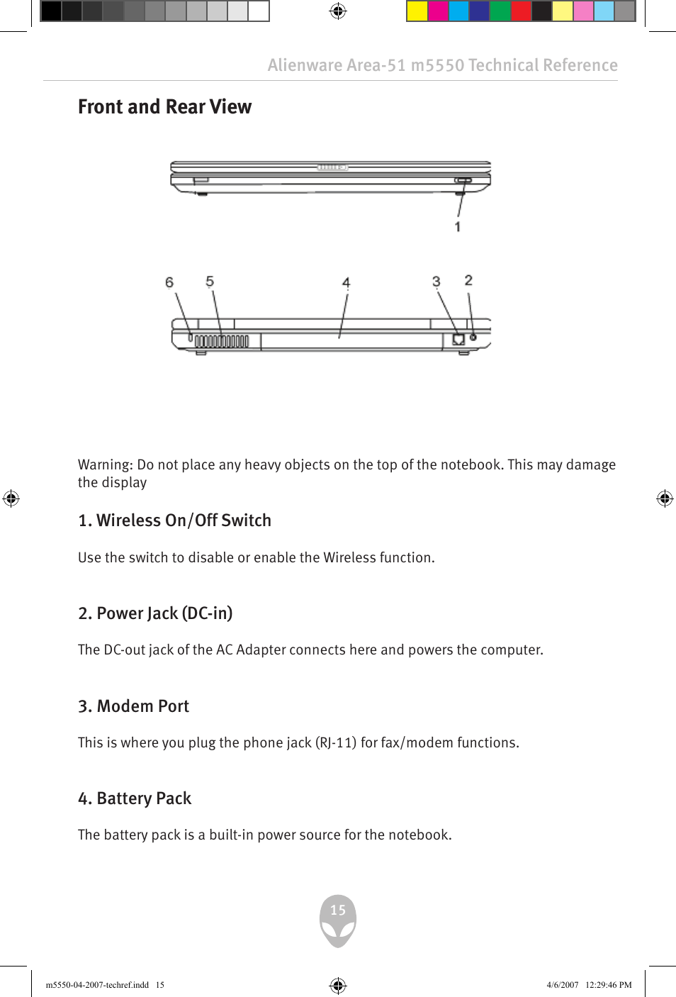 Front and rear view, Wireless on/off switch, Power jack (dc-in) | Modem port, Battery pack | Alienware Area-51 m5550 User Manual | Page 15 / 92