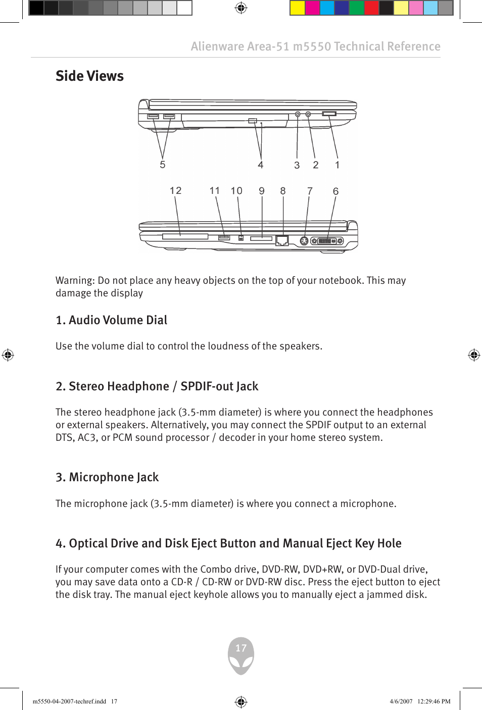 Side views, Audio volume dial, Stereo headphone / spdif-out jack | Microphone jack | Alienware Area-51 m5550 User Manual | Page 17 / 92