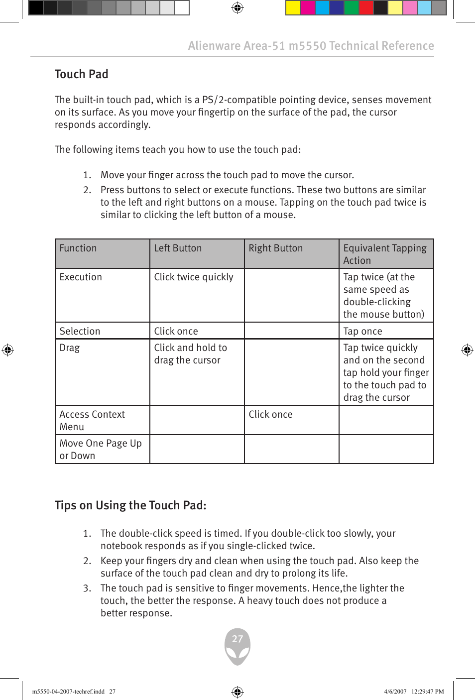 Touch pad, Tips on using the touch pad | Alienware Area-51 m5550 User Manual | Page 27 / 92