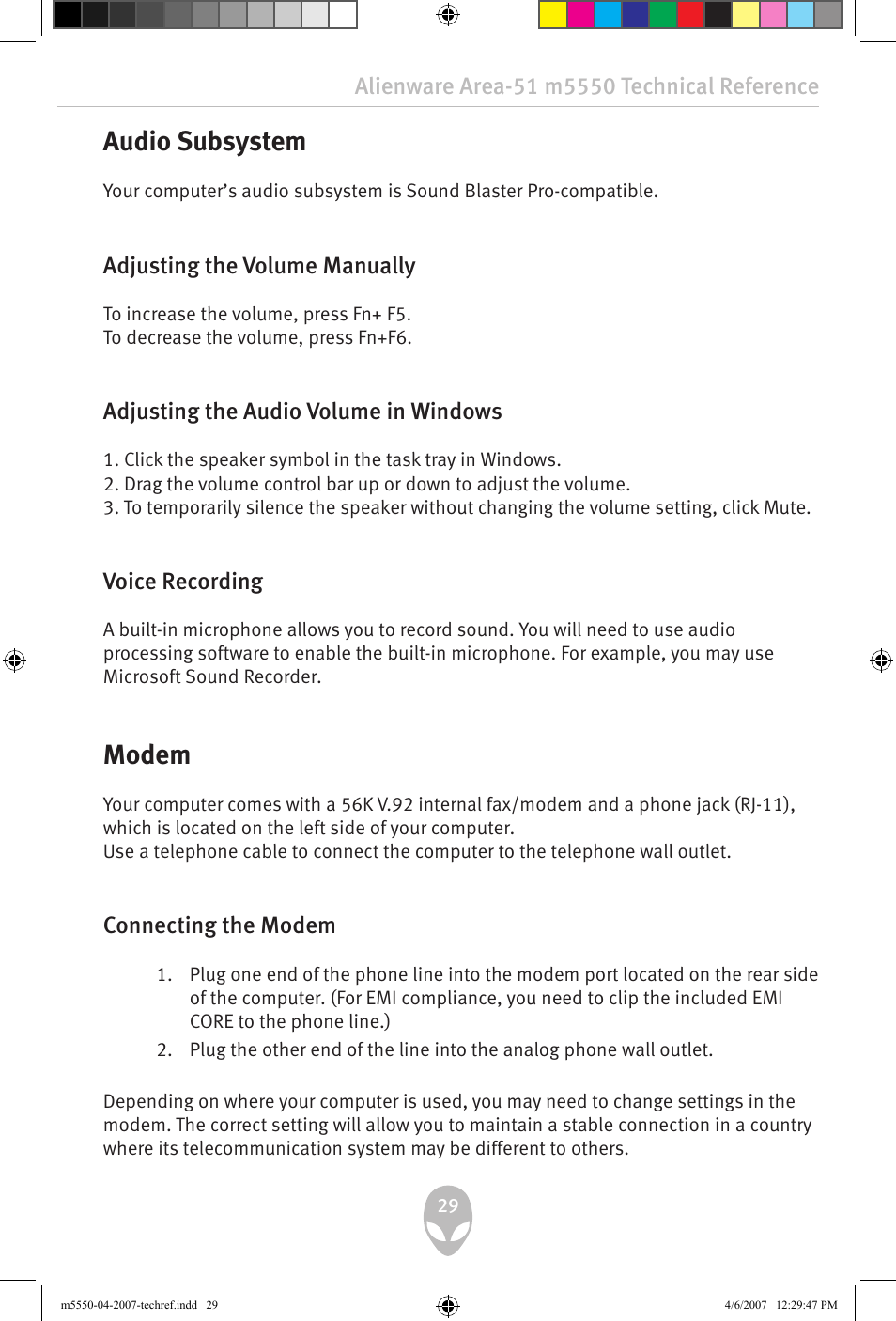 Audio subsystem, Modem, Adjusting the volume manually | Adjusting the audio volume in windows, Voice recording, Connecting the modem | Alienware Area-51 m5550 User Manual | Page 29 / 92