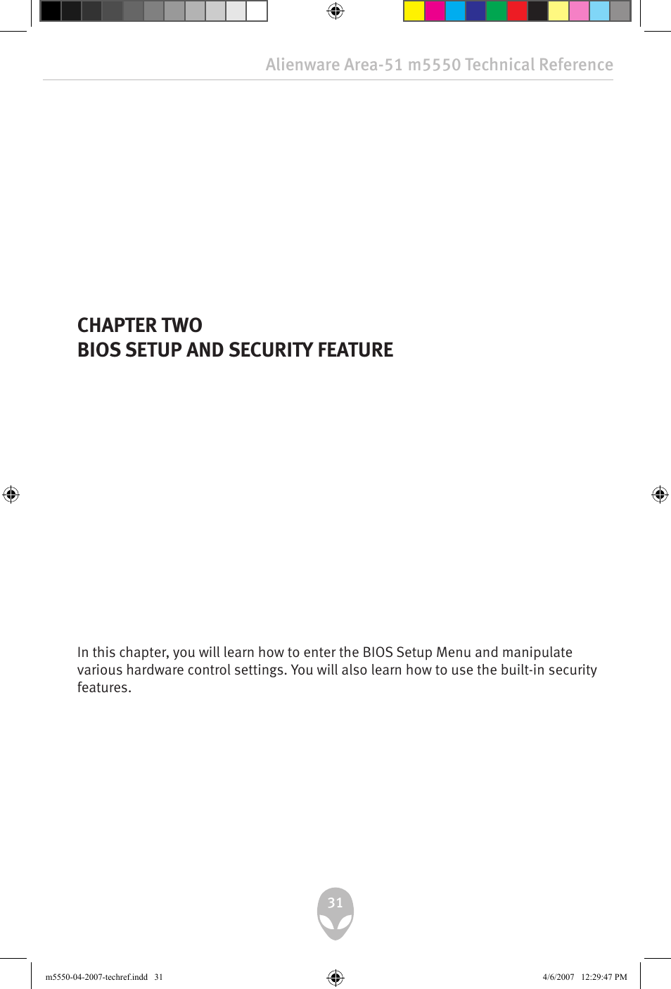 Chapter two bios setup and security feature | Alienware Area-51 m5550 User Manual | Page 31 / 92