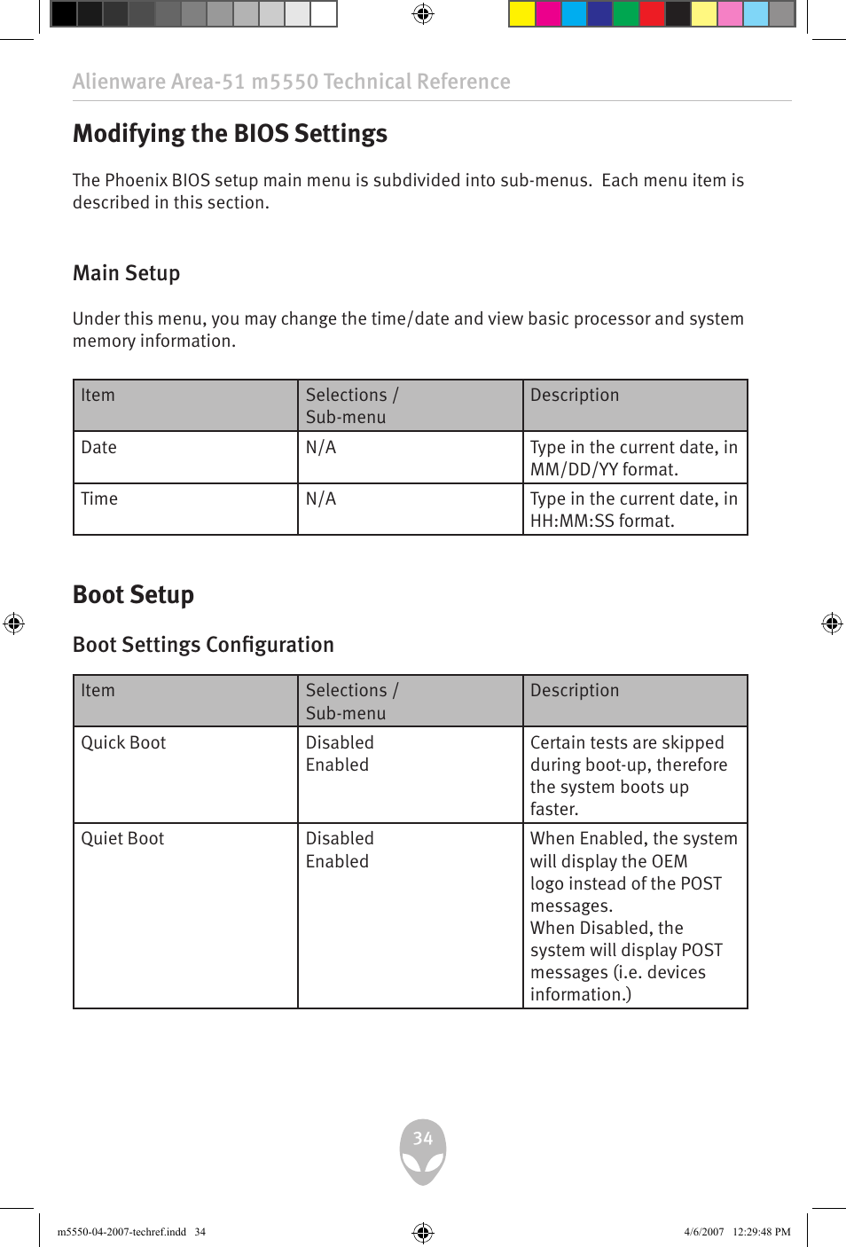 Modifying the bios settings, Boot setup, Main setup | Boot settings configuration | Alienware Area-51 m5550 User Manual | Page 34 / 92