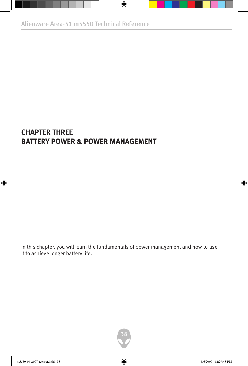 Chapter three battery power & power management | Alienware Area-51 m5550 User Manual | Page 38 / 92