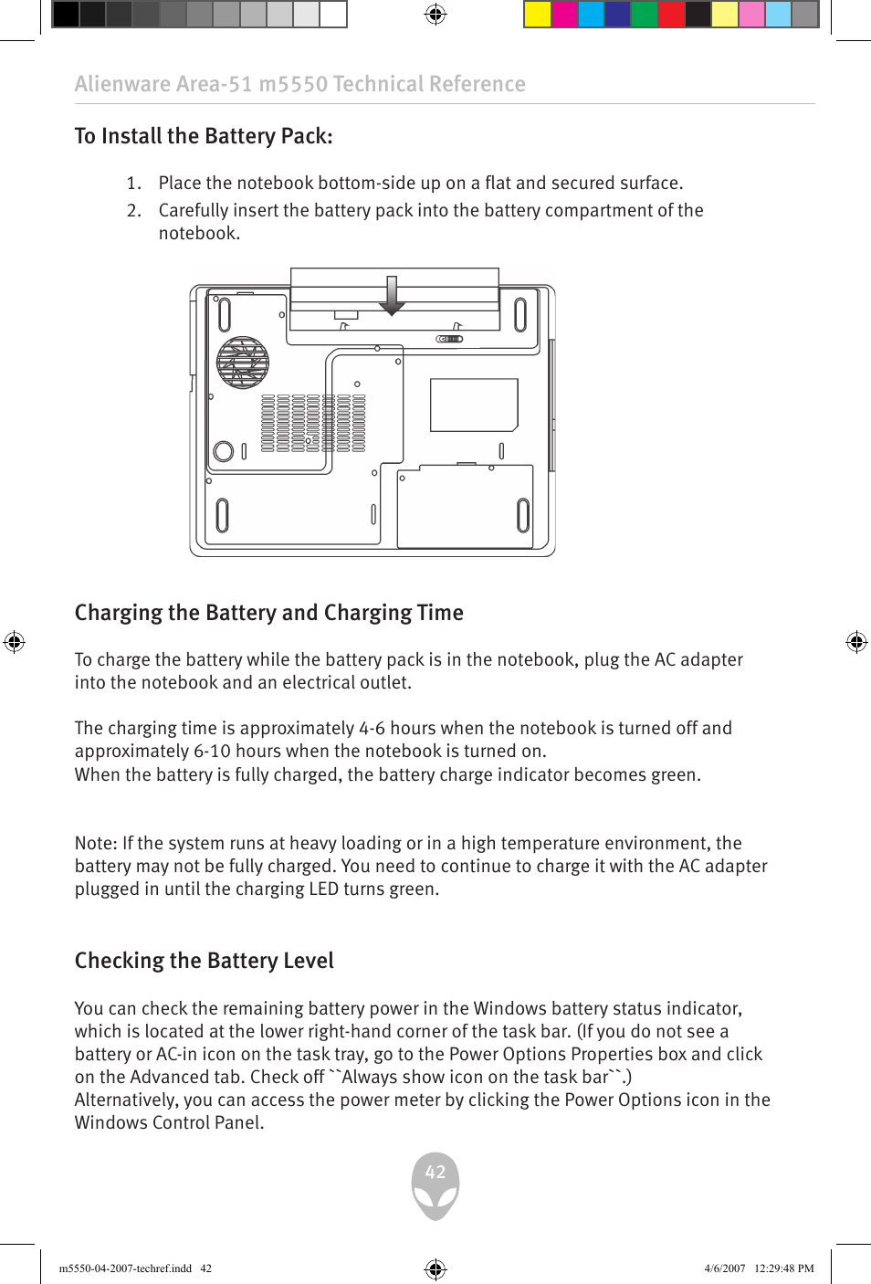 Charging the battery and charging time, Checking the battery level | Alienware Area-51 m5550 User Manual | Page 42 / 92