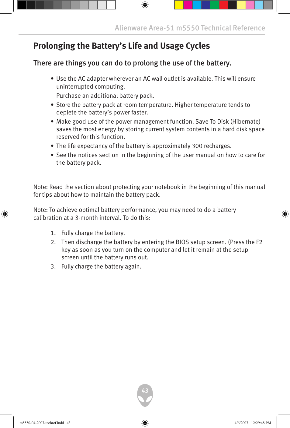 Prolonging the battery’s life and usage cycles | Alienware Area-51 m5550 User Manual | Page 43 / 92