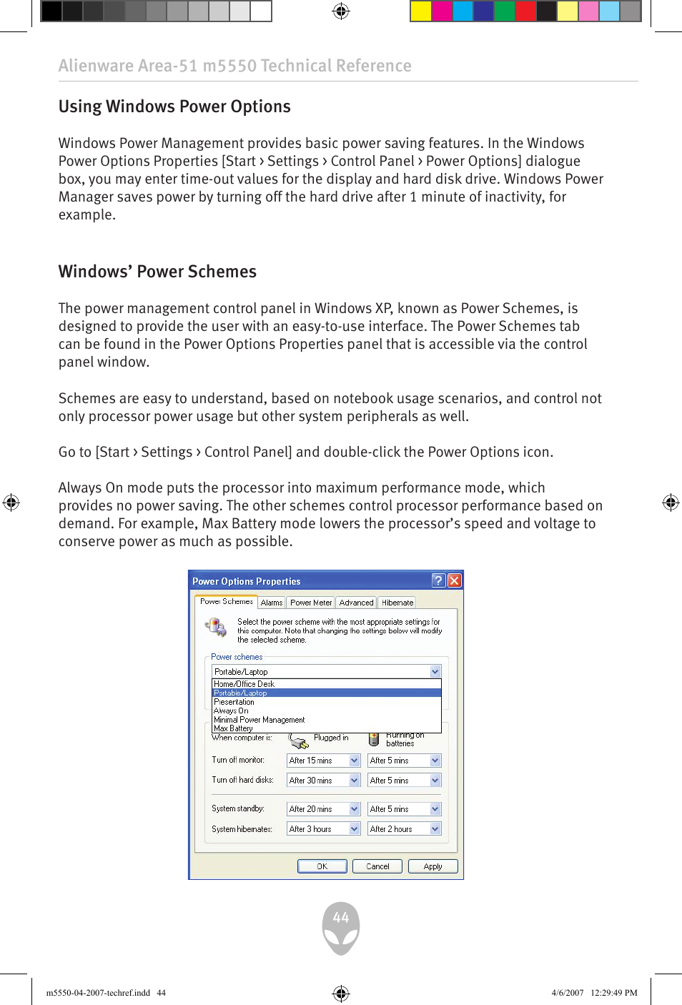 Using windows power options, Windows’ power schemes | Alienware Area-51 m5550 User Manual | Page 44 / 92