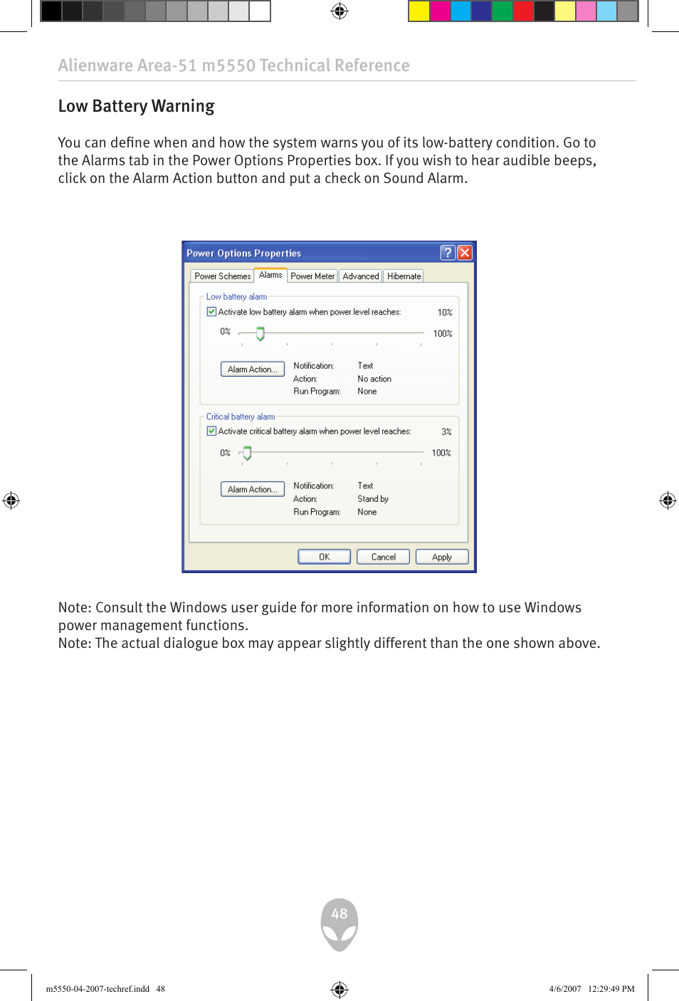 Low battery warning | Alienware Area-51 m5550 User Manual | Page 48 / 92