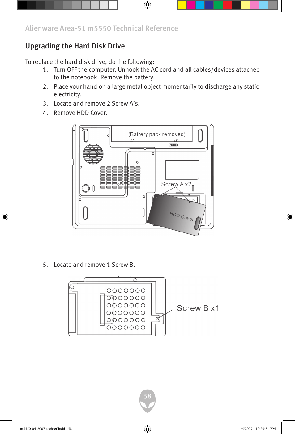 Upgrading the hard disk drive | Alienware Area-51 m5550 User Manual | Page 58 / 92