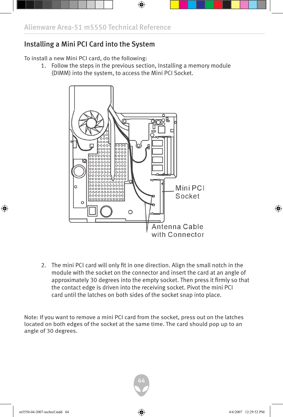 Installing a mini pci card into the system | Alienware Area-51 m5550 User Manual | Page 64 / 92