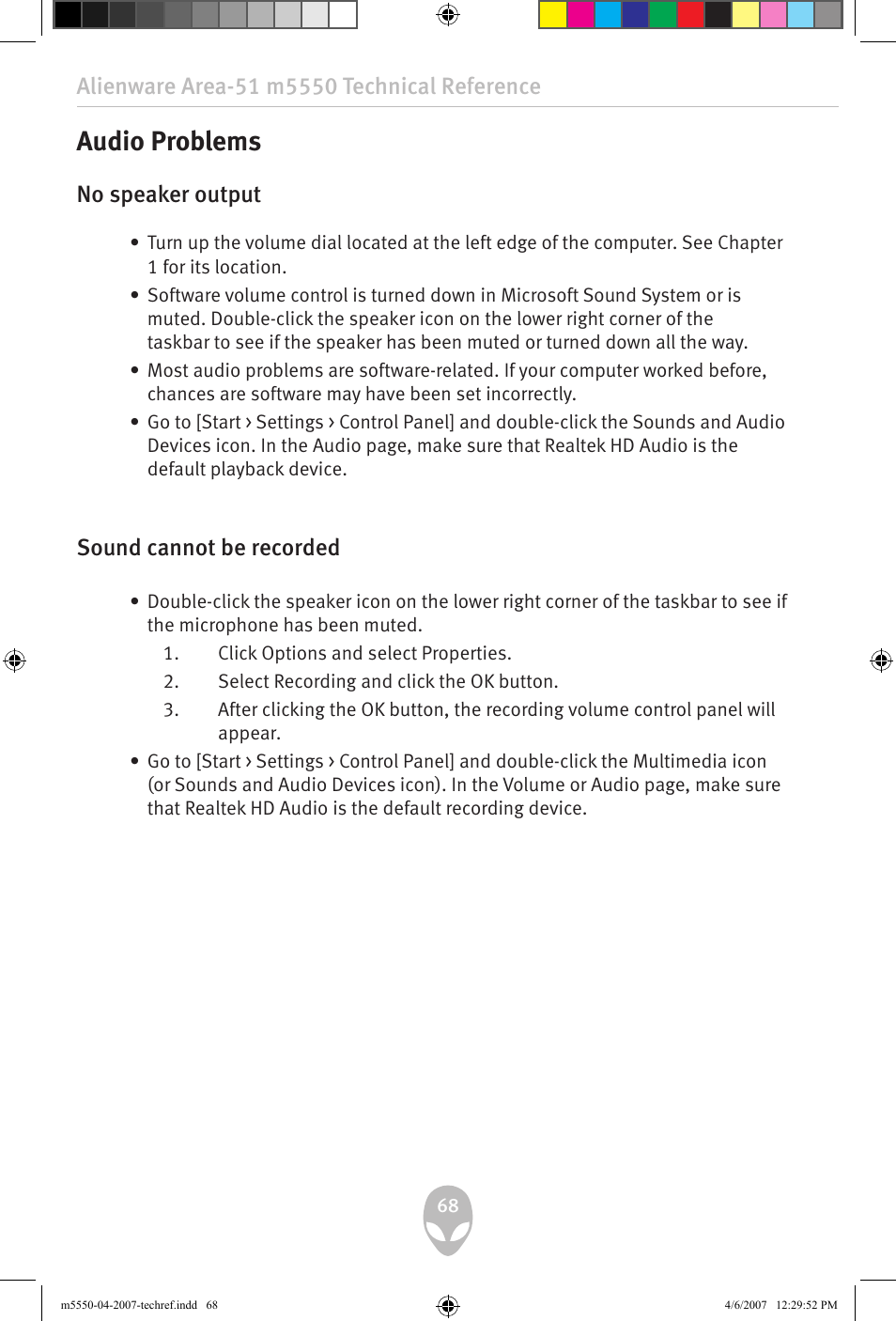 Audio problems, No speaker output, Sound cannot be recorded | Alienware Area-51 m5550 User Manual | Page 68 / 92