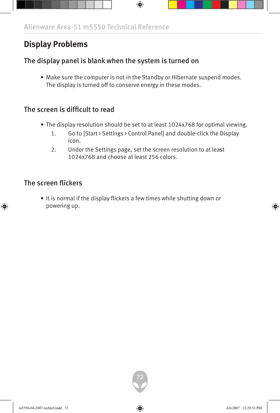 Display problems, The screen is difficult to read, The screen flickers | Alienware Area-51 m5550 User Manual | Page 72 / 92