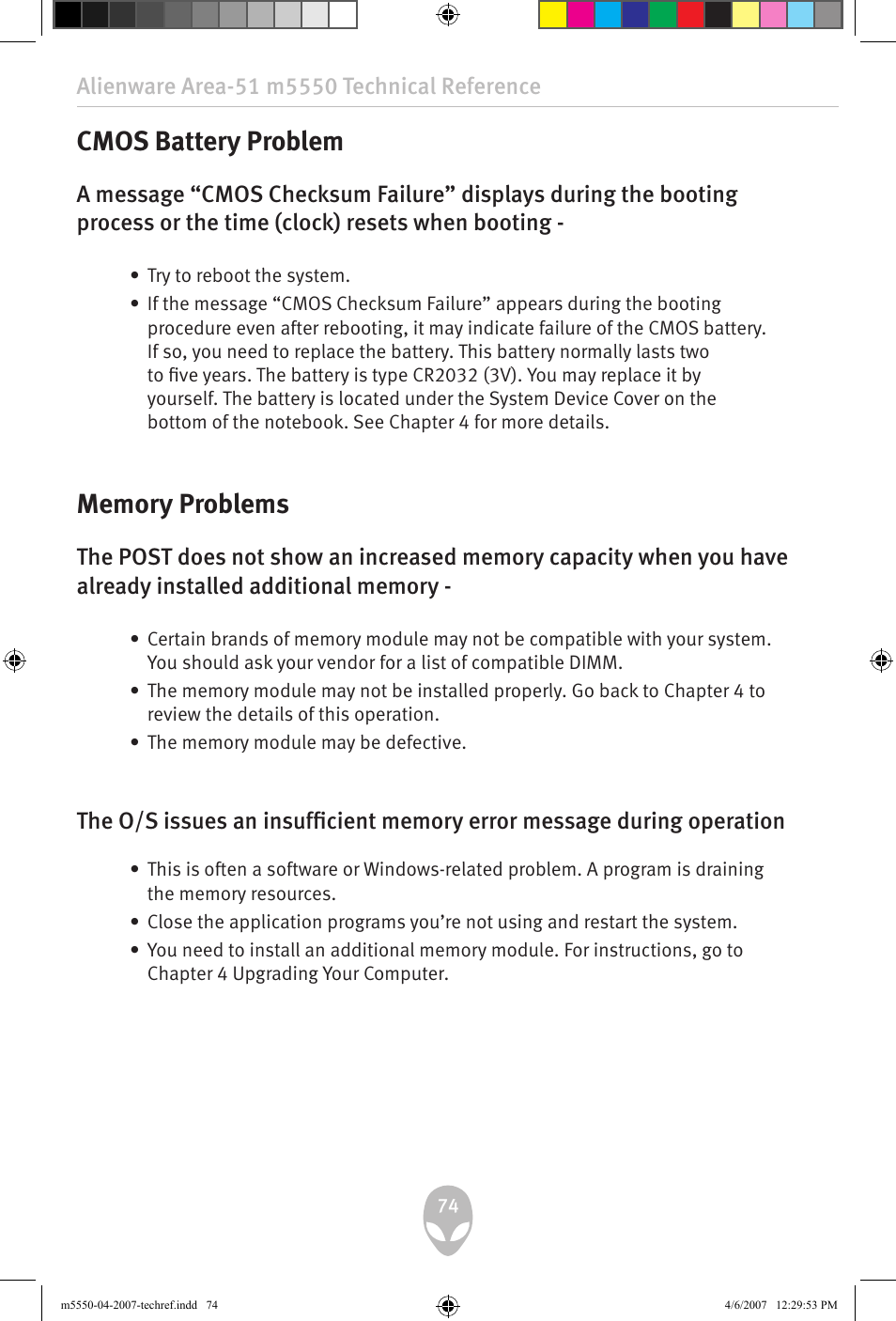 Cmos battery problem | Alienware Area-51 m5550 User Manual | Page 74 / 92