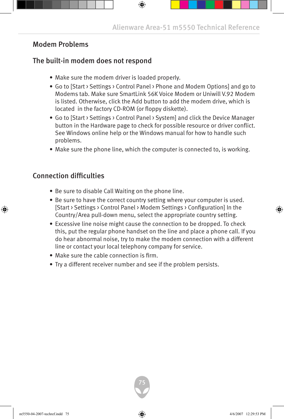 Modem problems the built-in modem does not respond, Connection difficulties | Alienware Area-51 m5550 User Manual | Page 75 / 92