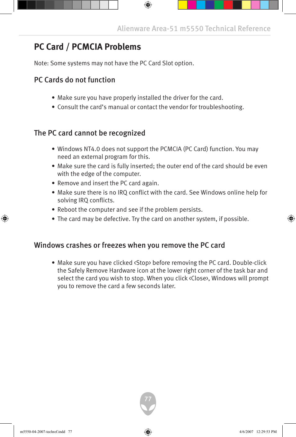 Pc card / pcmcia problems, Pc cards do not function, The pc card cannot be recognized | Alienware Area-51 m5550 User Manual | Page 77 / 92