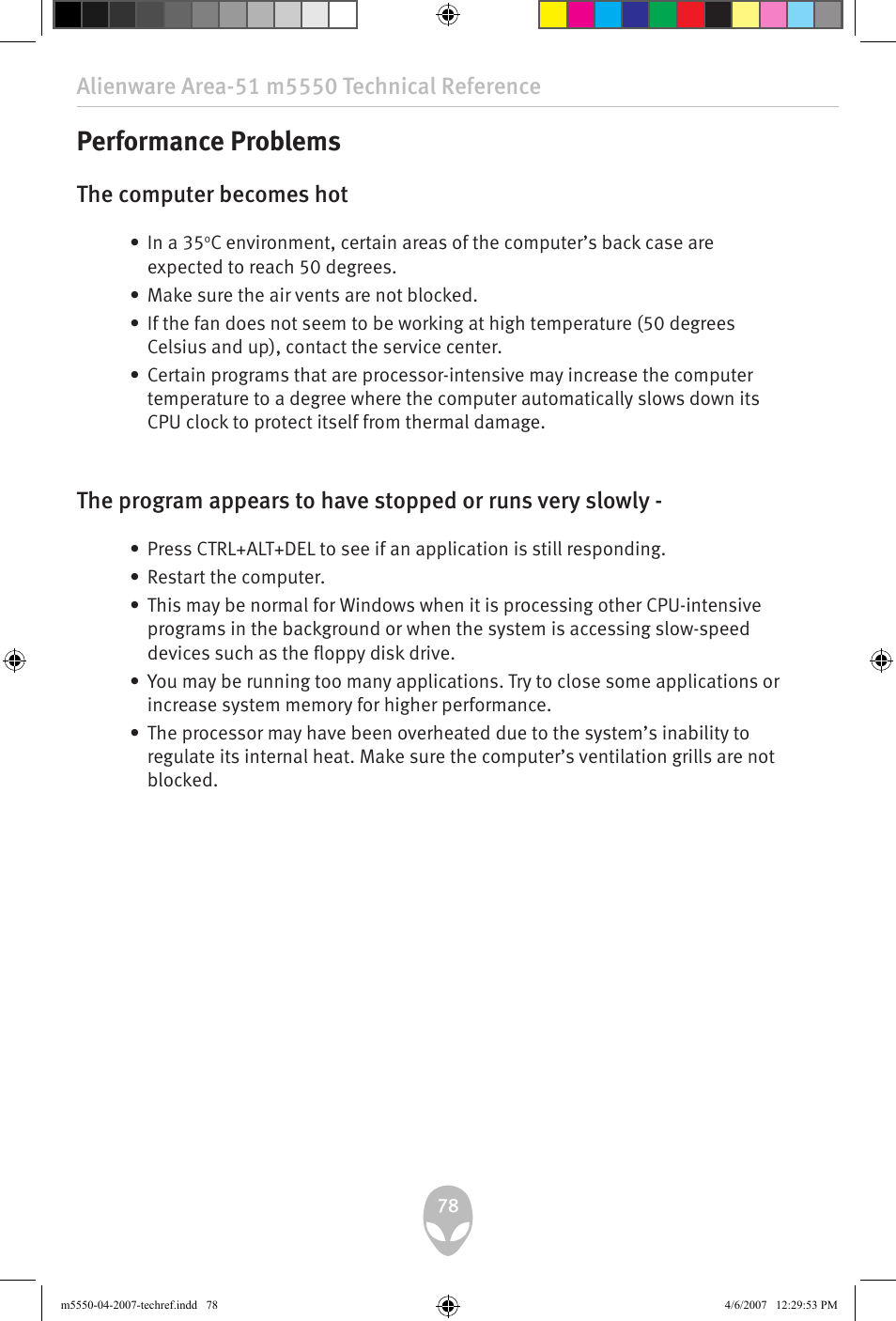 Performance problems, The computer becomes hot | Alienware Area-51 m5550 User Manual | Page 78 / 92