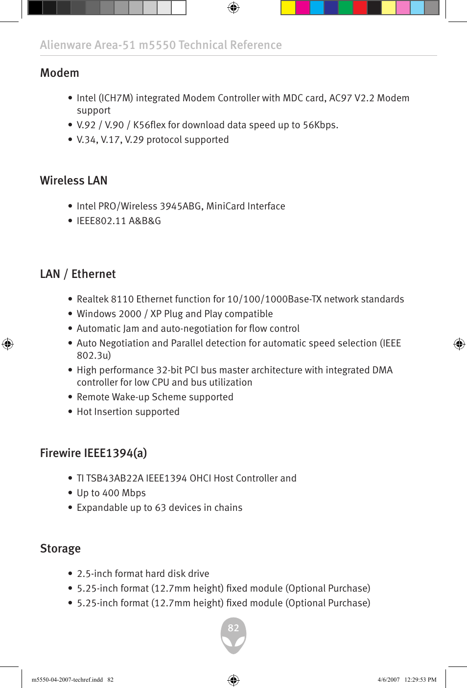 Modem, Wireless lan, Lan / ethernet | Firewire ieee1(a), Storage | Alienware Area-51 m5550 User Manual | Page 82 / 92