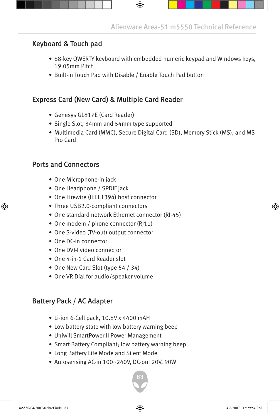 Keyboard & touch pad, Express card (new card) & multiple card reader, Ports and connectors | Battery pack / ac adapter | Alienware Area-51 m5550 User Manual | Page 83 / 92