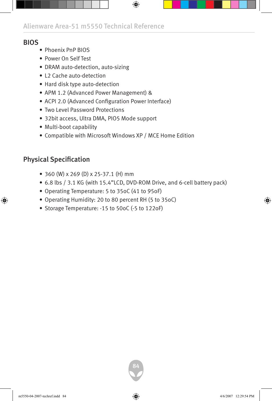 Bios, Physical specification | Alienware Area-51 m5550 User Manual | Page 84 / 92