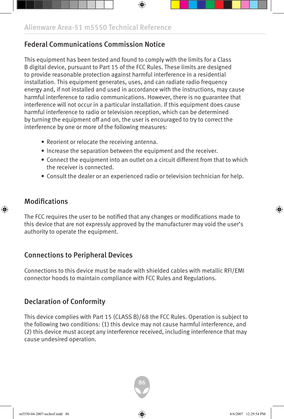 Federal communications commission notice, Modifications, Connections to peripheral devices | Declaration of conformity | Alienware Area-51 m5550 User Manual | Page 86 / 92