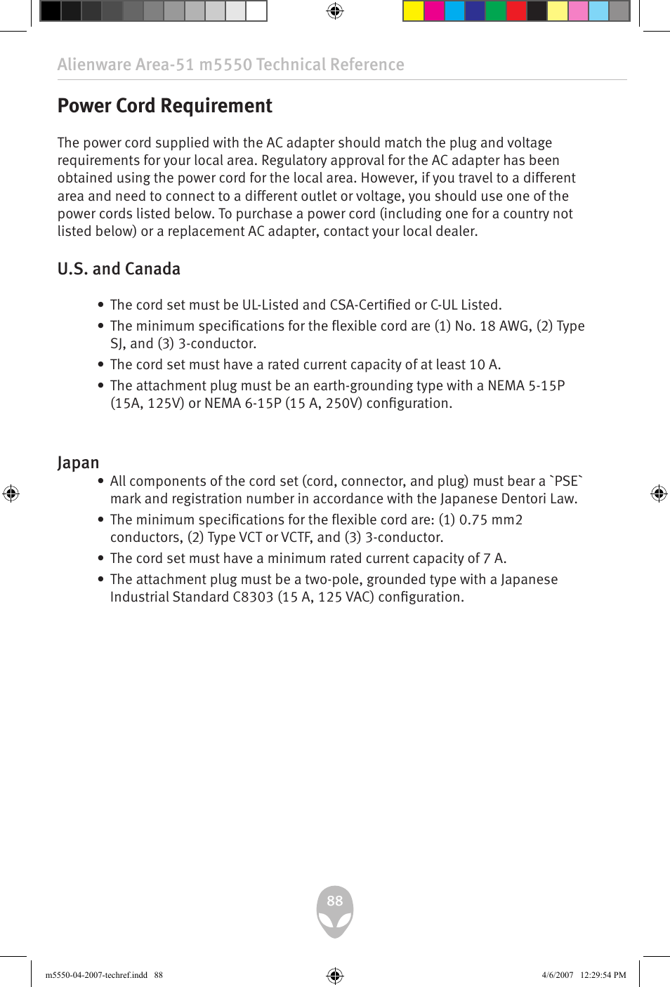 Power cord requirement, U.s. and canada, Japan | Alienware Area-51 m5550 User Manual | Page 88 / 92