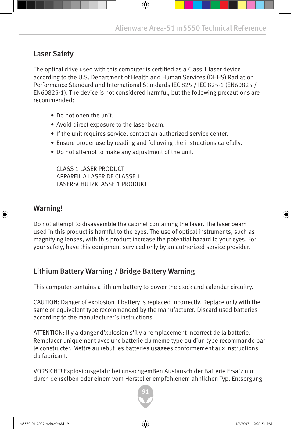 Laser safety, Warning, Lithium battery warning / bridge battery warning | Alienware Area-51 m5550 User Manual | Page 91 / 92