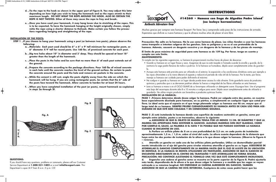 Instructions | Texsport 14260 Padre Islan Hammock User Manual | Page 2 / 4