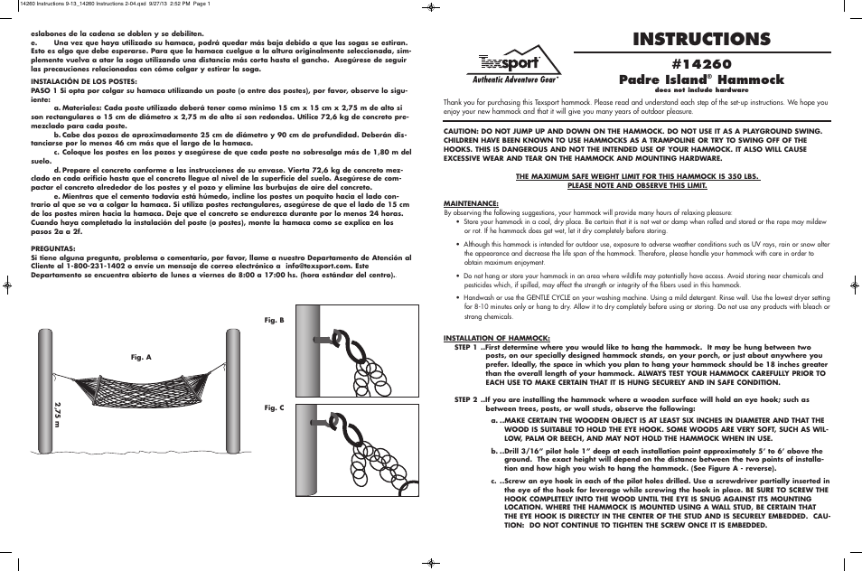 Instructions, Hammock | Texsport 14260 Padre Islan Hammock User Manual | Page 4 / 4