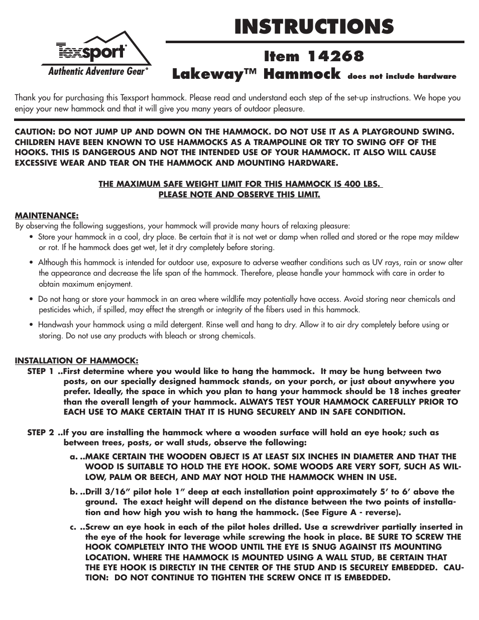 Texsport 14268 Lakewa Hammock User Manual | 2 pages