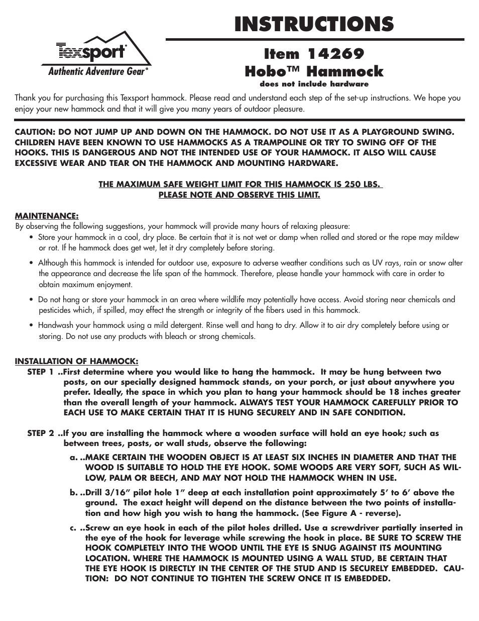 Texsport 14269 Hobo Hammock II User Manual | 2 pages