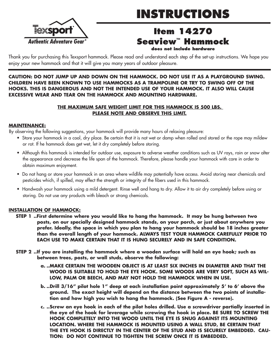 Texsport 14270 Seavie Hammock User Manual | 2 pages