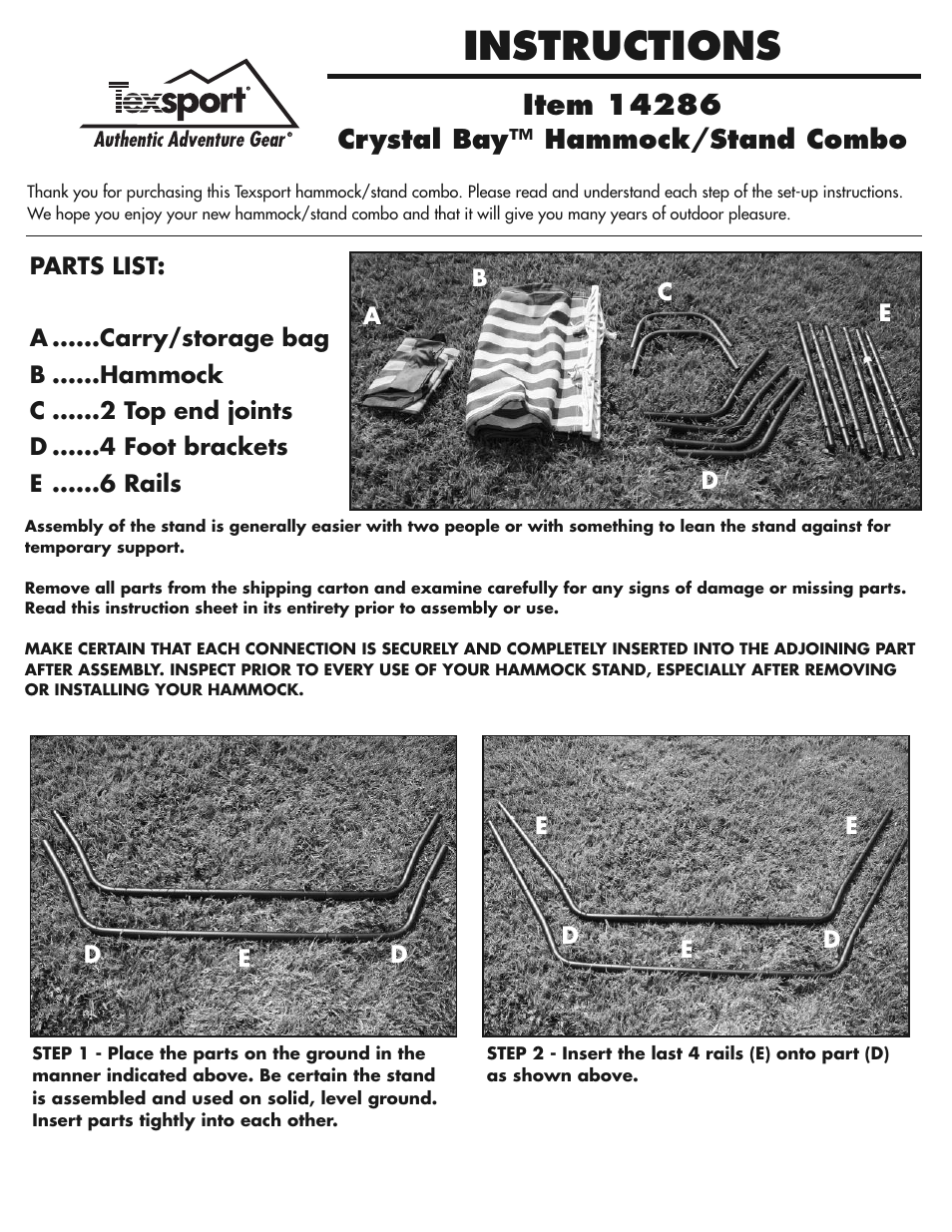 Texsport 14286 Crystal Ba Hammock Combo User Manual | 2 pages