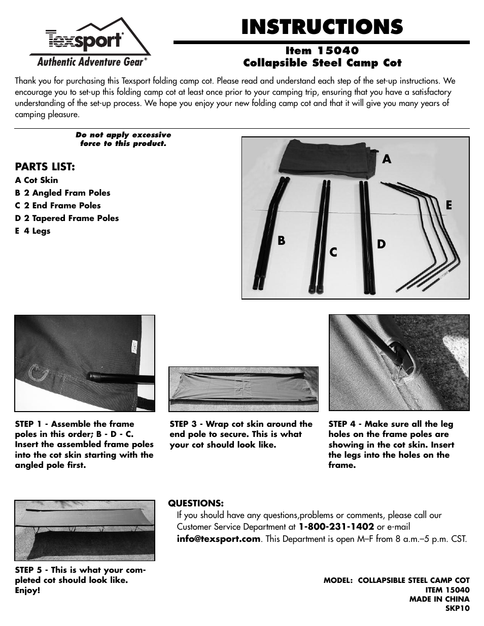 Texsport 15040 Collapsible Camp Cot User Manual | 1 page