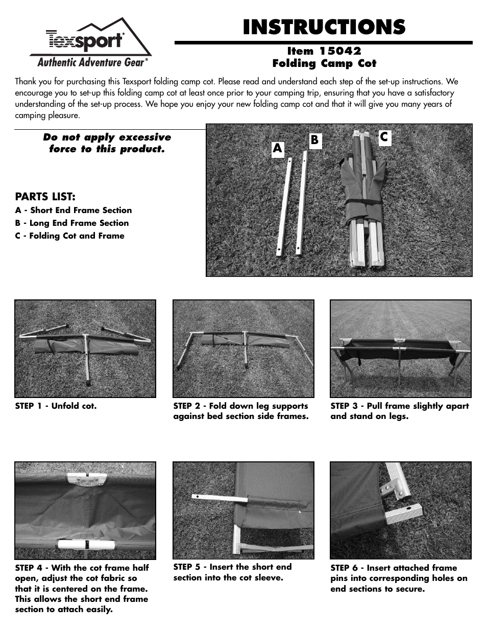 Texsport 15042 Deluxe Folding Camp Cot User Manual | 2 pages