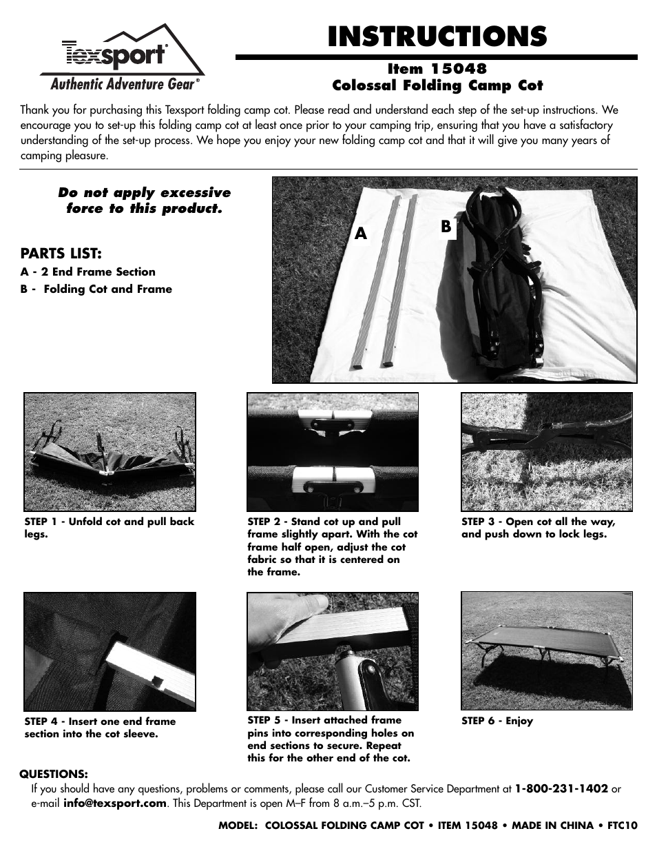Texsport 15048 Colossal Folding Camp Cot User Manual | 1 page