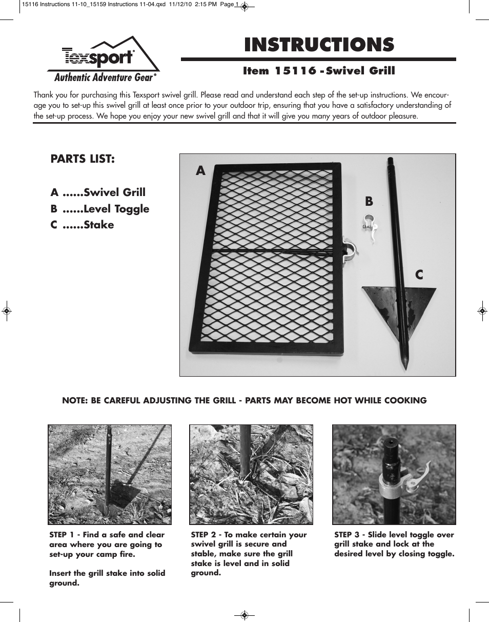 Texsport 15116 Heavy-duty Swivel Grill User Manual | 2 pages