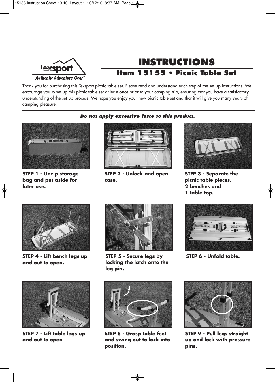 Texsport 15155 Picnic Table Set User Manual | 2 pages