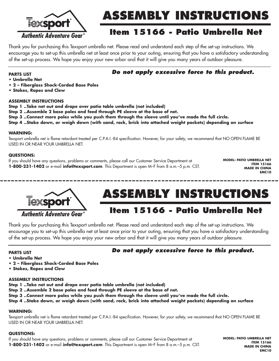 Texsport 15166 Patio Umbrella User Manual | 1 page