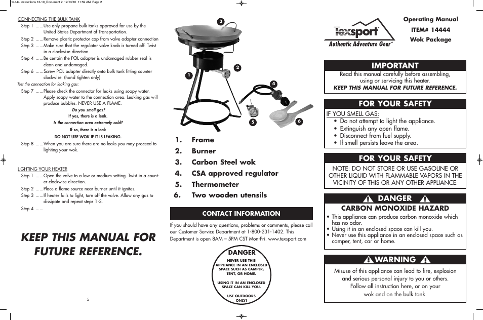 Keep this manual for future reference, Important, Danger | For your safety, Warning, Carbon monoxide hazard | Texsport 14444 Wok Package User Manual | Page 2 / 2
